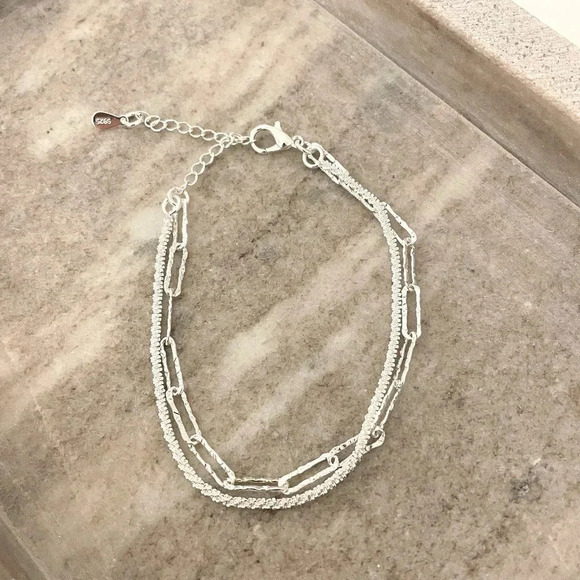 925 Sterling Silver Thin Multi Layer Bracelet Sequin Paperclip Link Bracelet - Picture 3 of 5